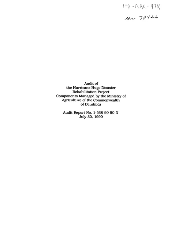 Audit of the Hurricane Hugo disaster rehabilitation project components managed by the Ministry of Agriculture of the Commonwealth of Dominica