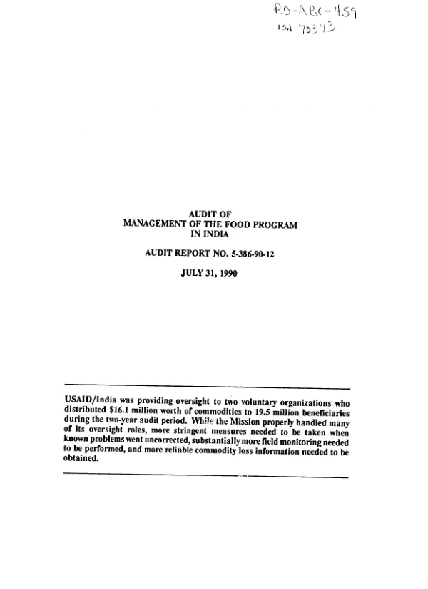 Audit of management of the food program in India