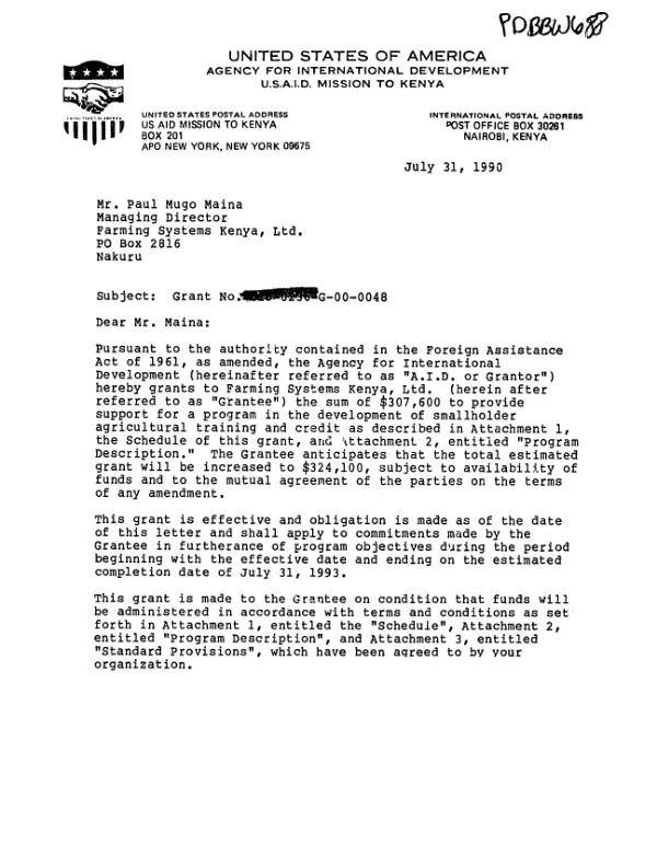 AID grant no. 615-0236-G-00-0048-00 to Farming Systems Kenya, Ltd. for a program in the development of smallholder agricultural training and credit