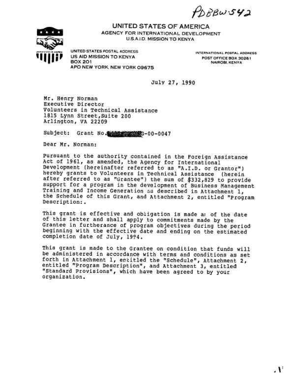 AID grant no. 615-0236-G-00-0047-00 to Volunteers in Technical Assistance to provide support for a program in the development of business management training and income generation