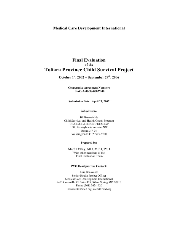 Final evaluation of the Toliara Province child survival project, October 1st, 2002-September 29th, 2006