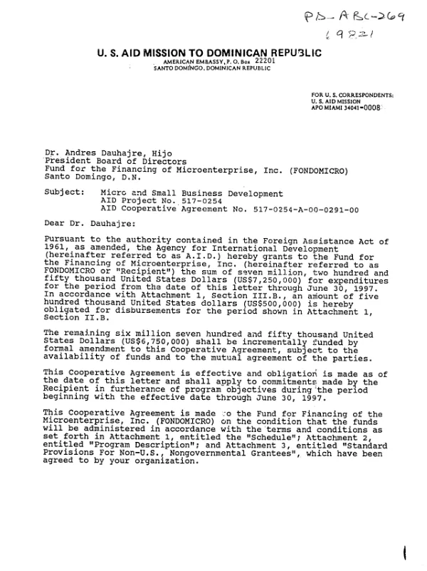 AID cooperative agreement no. 517-0254-A-00-0291-00 with the Fund for the Financing of Microenterprise, Inc. (FONDOMICRO) for micro and small business development