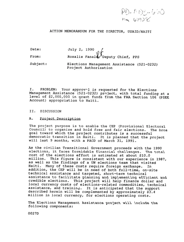 Action memorandum for the Director, USAID/Haiti [: elections management assistance (521-0232) project authorization]