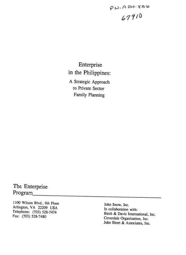 Enterprise in the Philippines : a strategic approach to private sector family planning