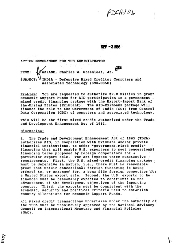 Action memorandum for the Administrator [: India -- defensive mixed credits, computers and associated technology]