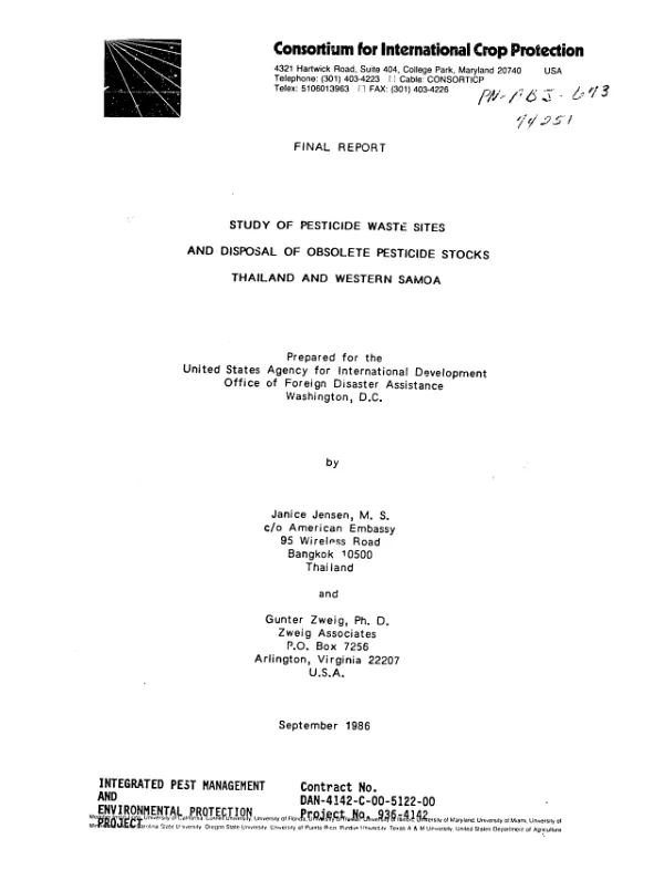 Final report : study of pesticide waste sites and disposal of obsolete pesticide stocks -- Thailand and Western Samoa