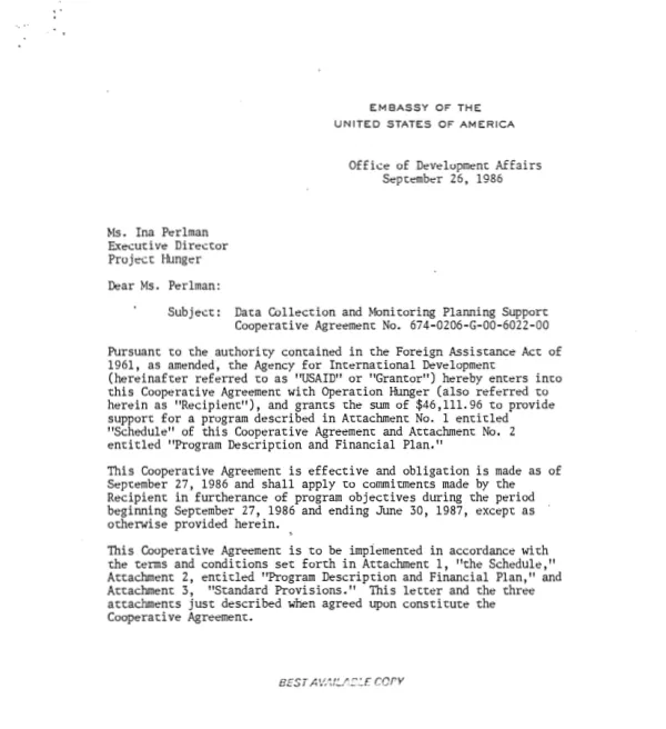 AID cooperative agreement no. 674-0206-G-00-6022-00 with Operation Hunger for data collection and monitoring planning support