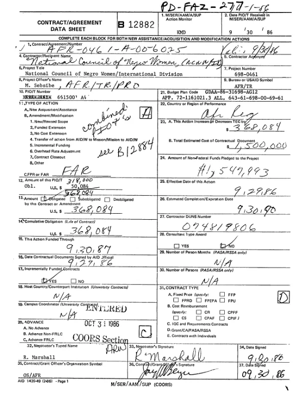 AID cooperative agreement no. AFR-0461-A-00-6025-00 to National Council of Negro Women, Inc. to support its immediate administrative and project needs, primarily in the agriculture sector, while implementing a longer-term program of project development and institutional enhancement