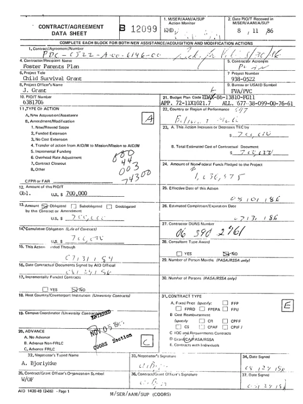 Cooperative agreement no. PDC-0522-A-00-6146-00 to Foster Parents Plan