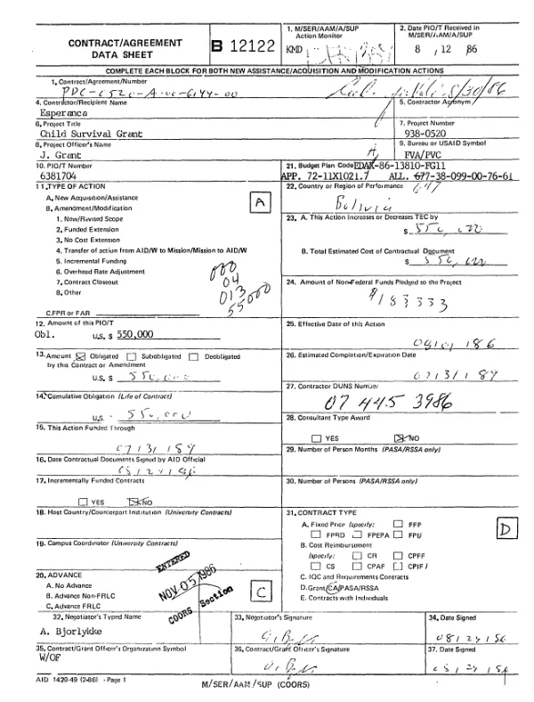 Cooperative agreement no. PDC-0520-A-00-6144-00 to Esperanca