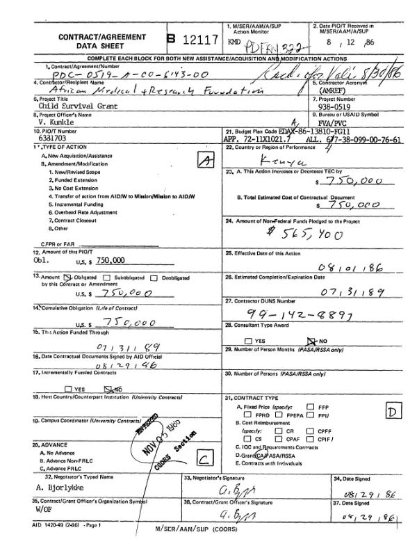 Cooperative agreement no. PDC-0519-A-00-6143-00 to African Medical and Research Foundation