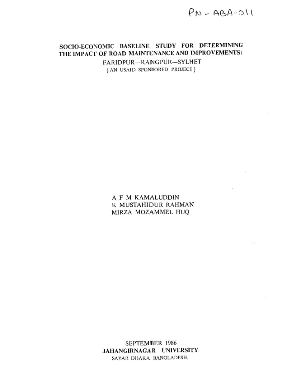 Socio-economic baseline study for determining the impact of road maintenance and improvements : Faridpur - Rangpur - Sylhet