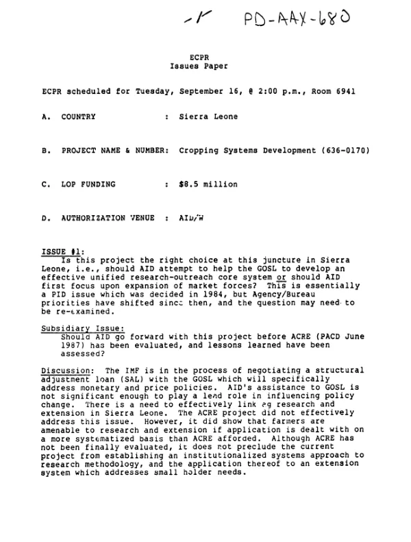 ECPR issues paper [: cropping systems development]