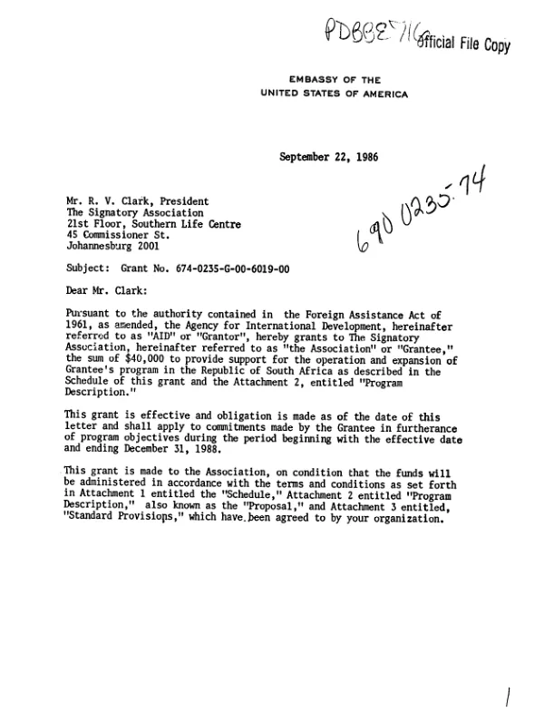 Grant to The Signatory Association