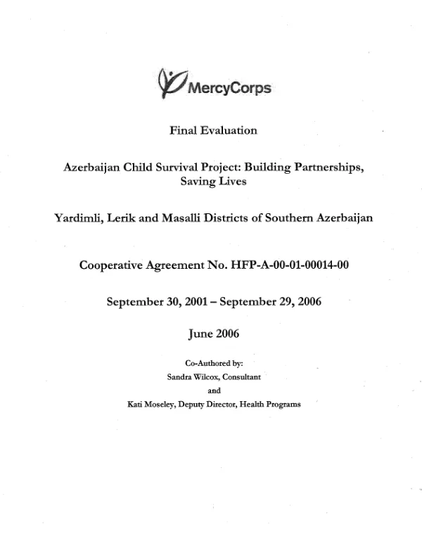 Final evaluation : Azerbaijan child survival project -- building partnerships, saving lives : Yardimli, Lerik and Masalli Districts of Southern Azerbaijan