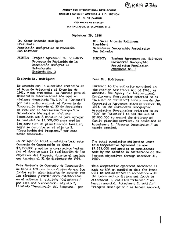 Project agreement no. 519-0275, Salvadoran Demographic Association Population, amendment no. 3