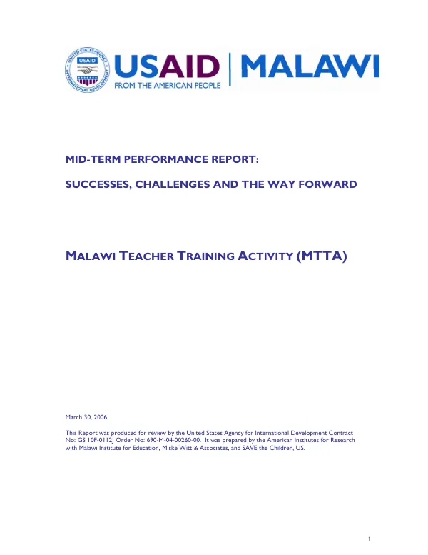 Mid-term performance report : successes, challenges and the way foward -- Malawi teacher training activity (MTTA)