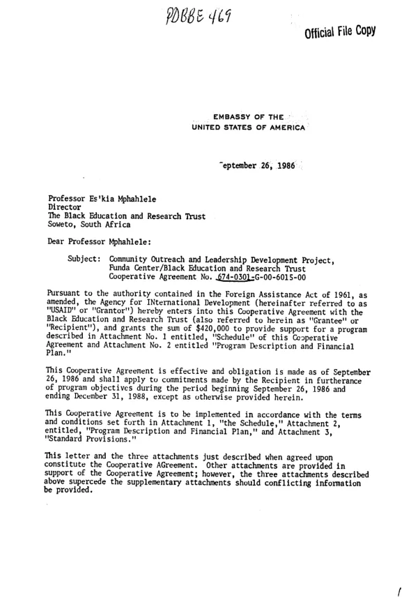 Community outreach and leadership development project, Funda Center/Black Education and Research Trust cooperative agreement no. 674-0301-G-00-6015-00