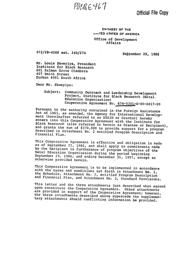 Community outreach and leadership development project, Institute for Black Research (Natal Education Organization) cooperative agreement no. 674-0301-G-00-6017-00