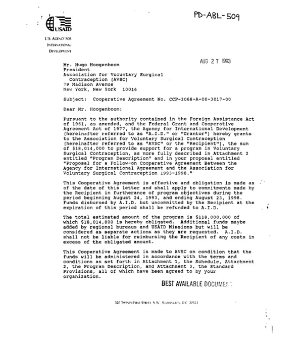 AID cooperative agreement no. CCP-3068-A-00-3017-00 to the Association for Voluntary Surgical Contraception (AVSC) in support of its proposal, entitled `Proposal for a follow-on cooperative agreement between the Agency for International [Development] and the Association for Voluntary Surgical Contraception, 1993-1998"