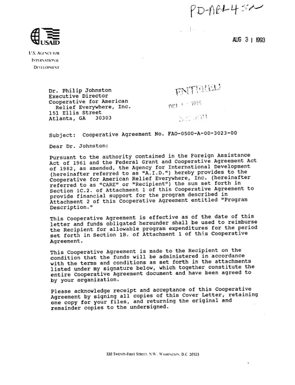 AID cooperative agreement no. FAO-0500-A-00-3023-00 with the Cooperative for American Relief Everywhere, Inc. (CARE) in support of its proposal, entitled `Riches project" in Haiti and `Maternal and child survival community extension project" in Guatemala, dated December 8, 1992