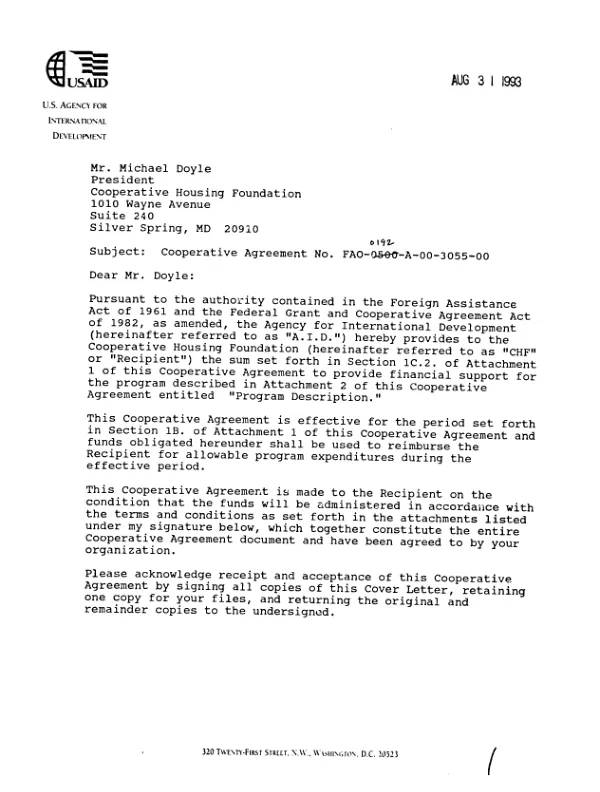 AID cooperative agreement no. FAO-0192-A-00-3055-00 with the Cooperative Housing Foundation (CHF) in support of its proposal, entitled `Innovative regional approach to housing delivery for the informal sector through housing cooperatives in South America"