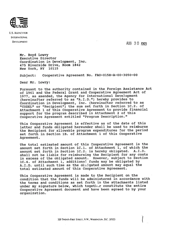 AID cooperative agreement no. FAO-0158-A-00-3050-00 with Coordination in Development, Inc. (CODEL) in support of its proposal, entitle `African women : community development and combined technologies" as amended