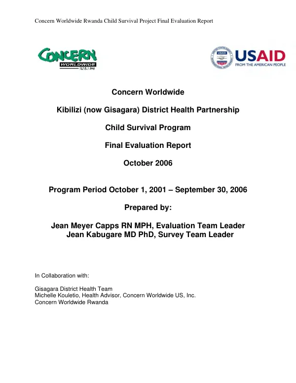 Concern Worldwide : Kibilizi (now Gisagara) district health partnership -- child survival program : final evaluation report
