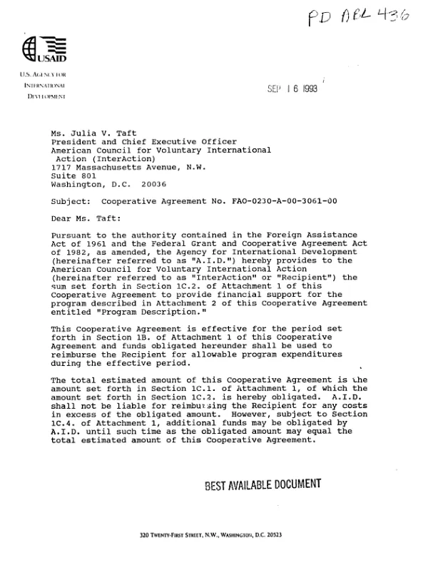 AID cooperative agreement no. FAO-0230-A-00-3061-00 with the American Council for Voluntary International Action (InterAction) in support of its proposal, entitled `Global alliance", dated April 15, 1993, as amended for a public education program on the importance of US development and humanitarian assistance