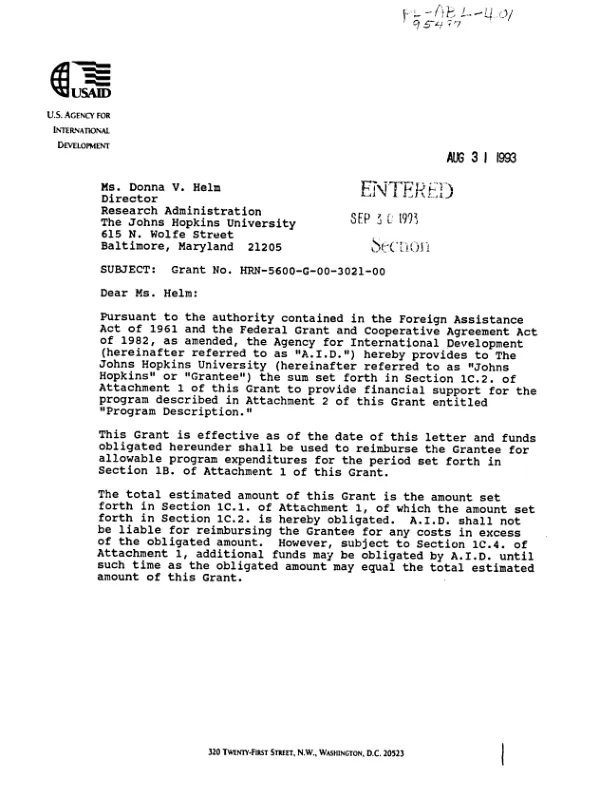 AID grant agreement no. HRN-5600-G-00-3021-00 to the John Hopkins University in support of its proposal, entitled `Prepatancy in children with onchocerciasis", dated March 15, 1993