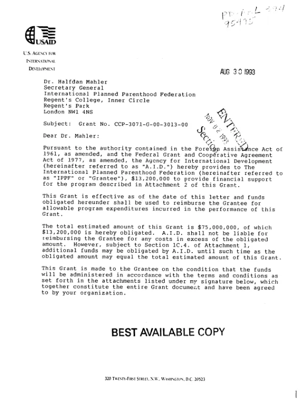 AID grant agreement no. CCP-3071-G-00-3013-00 to the International Planned Parenthood Federation (IPPF) in support of its proposal to introduce, expand, and improve family planning information and service through its extensive affiliated network of indigenous family planning associations, dated April 26, 1993