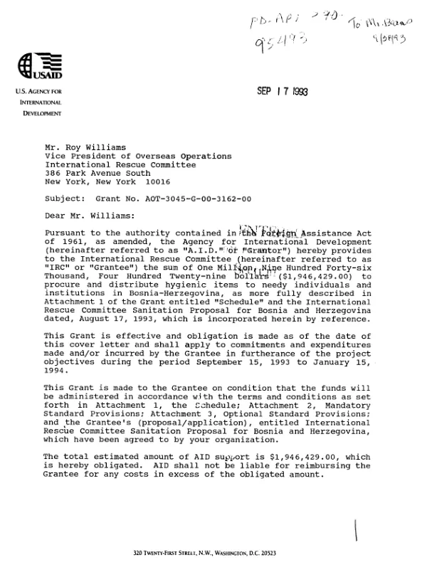 AID grant agreement no. AOT-3045-G-00-3162-00 to the International Rescue Committee in support of its sanitation proposal for Bosnia and Herzegovina, dated August 17, 1993