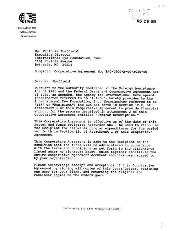 AID cooperative agreement no. FAO-0500-A-00-3020-00 to International Eye Foundation (IEF) in support of its proposal, entitled `Guatemala and Honduras vitamin A for child survival extensions", dated December 7, 1992