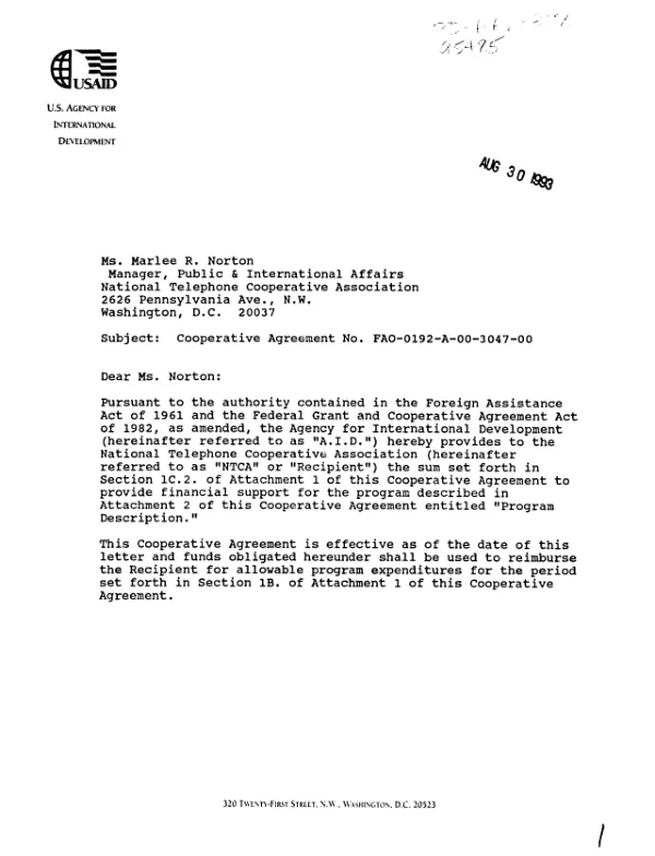 AID cooperative agreement no. FAO-0192-A-00-3047-00 to the National Telephone Cooperative Association (NTCA) in support of its program to train and educate key telecommunications providers in Poland