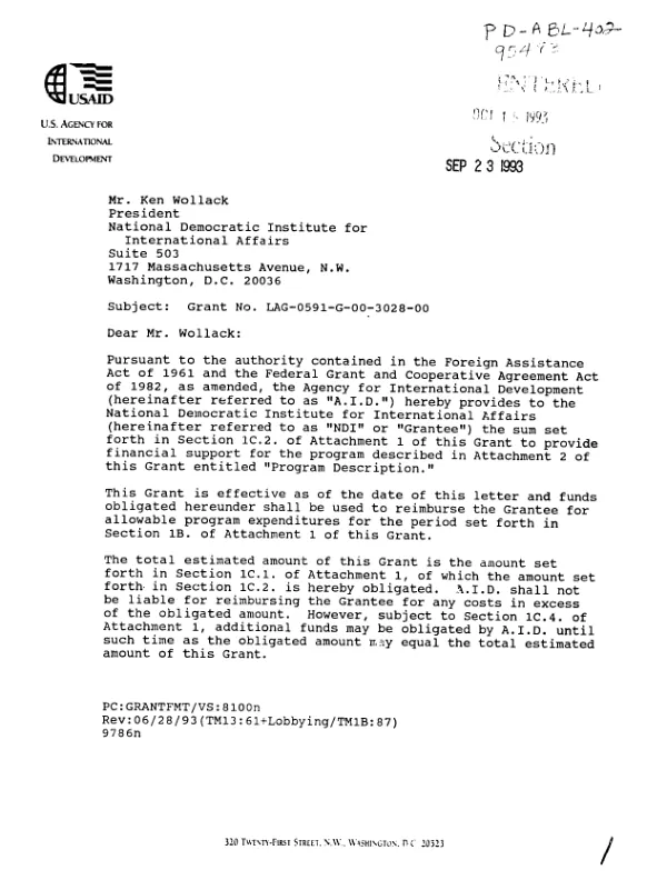 AID grant agreement no. LAG-0591-G-00-3028-00 to the National Democratic Institute for International Affairs (NDI) in support of its proposal, entitled `Latin America : democratic transition assistance"