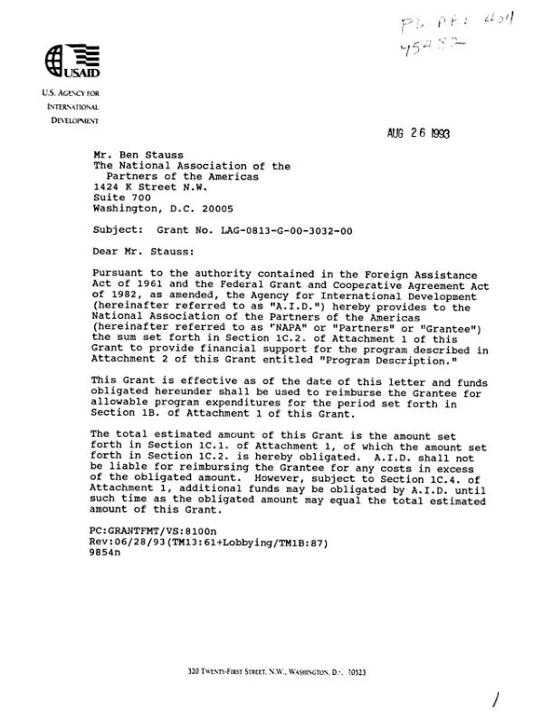 AID grant agreement no. LAG-0813-G-00-3032-00 to the National Association of the Partners of the Americas (NAPA) in support of its proposal, entitled `Democratic initiatives project in Latin America and the Caribbean," dated June 25, 1992