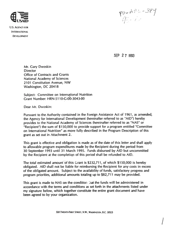 AID grant agreement no. HRN-5110-G-00-3043-00 to the National Academy of Sciences (NAS) in support of its program, entitled `Committee on International Nutrition (CIN)"