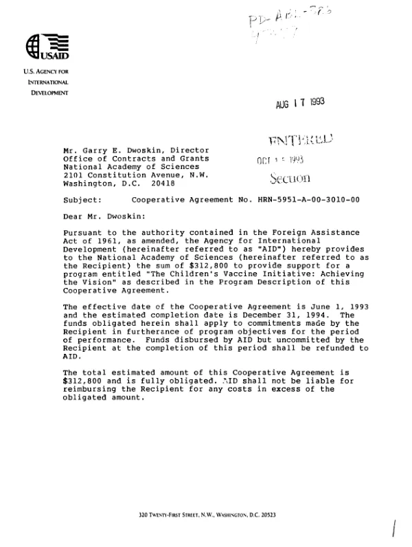 AID cooperative agreement no. HRN-5951-A-00-3010-00 to the National Academy of Sciences in support of its program, entitled `Children"s vaccine initiative : achieving the vision"