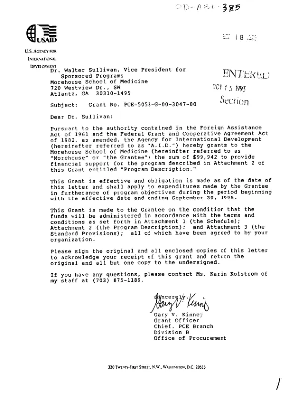 AID grant agreement no. PCE-5053-G-00-3047-00 to Morehouse School of Medicine in support of its proposal, entitled `Gene expression during Entamoeba encystation," dated 16 March 1993