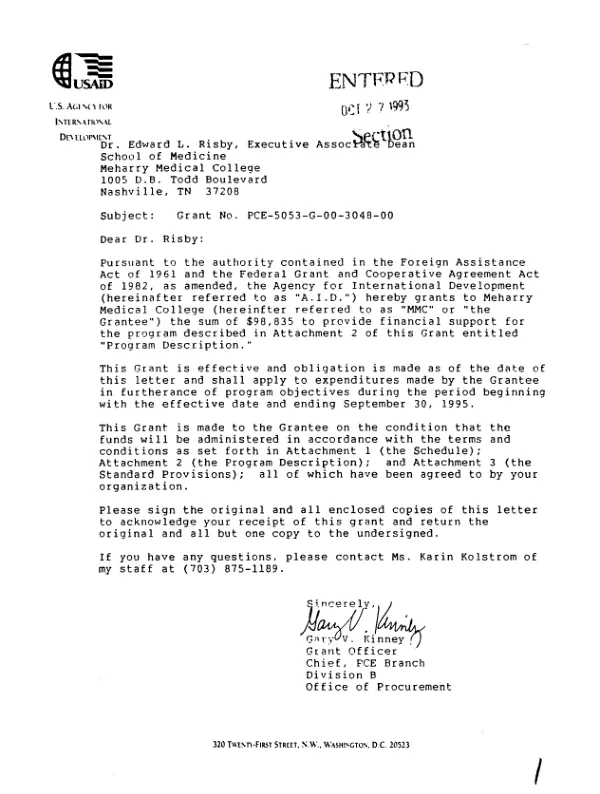 AID grant agreement no. PCE-5053-G-00-3048-00 to Meharry Medical College (MMC) in support of its proposal, entitled `Construction and screening of a Plasmodium yoelii cDNA expression library in an attenuated Salmonella typhimurium vaccine strain", dated April 30, 1993