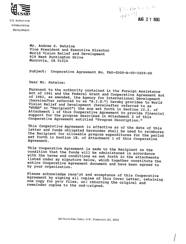 AID cooperative agreement no. FAO-0500-A-00-3025-00 to World Vision Relief, and Development (WVRD) for the `Kabudula child survival extension project" [Malawi], and the `Bundibugyo Masindi child survival extension project" [Uganda]
