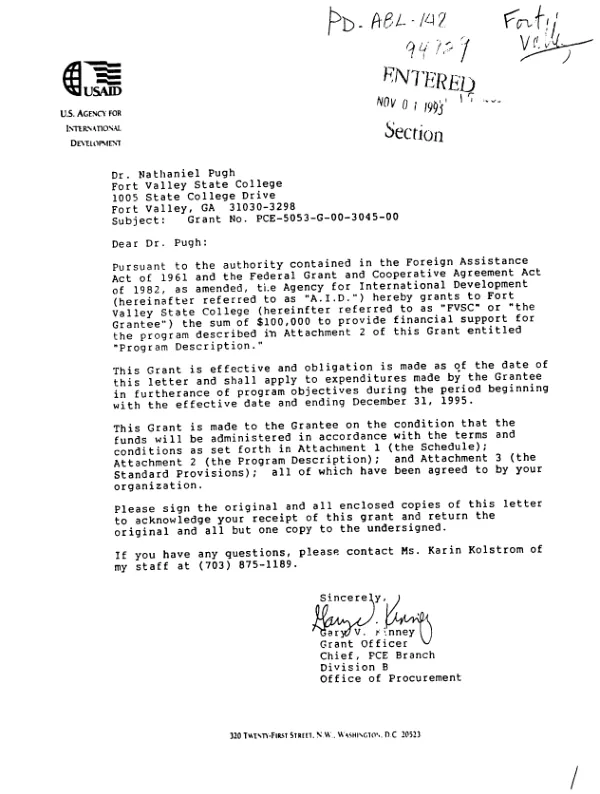 AID grant agreement no. PCE-5053-G-00-3045-00 to Fort Valley State College (FVSC) in support its proposal, entitled `Development and dissemination of true potato seed technology in Uganda," dated April, 1993