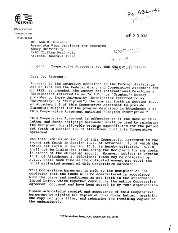 AID cooperative agreement no. HRN-6001-A-00-3018-00 to Emory University in support of its proposal, entitled `Epitope polymorphism in P. falciparum vaccine antigens," dated September 29, 1992