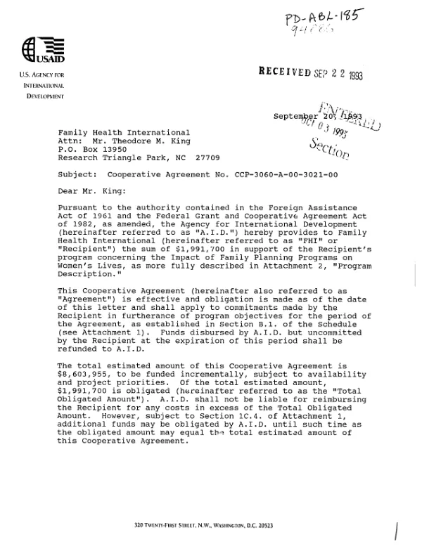 AID cooperative agreement no. CCP-3060-A-00-3021-00 to Family Health International (FHI) for a program of research and other activities on the impact of family planning programs on women"s lives