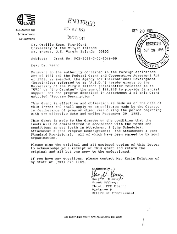 AID grant no. PCE-5053-G-00-3046-00 to the University of the Virgin Islands (UVI) for the program, entitled `Design and function of marine reserves in the Caribbean`
