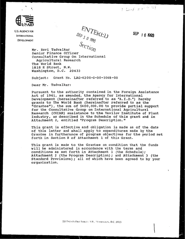 AID grant no. LAG-4200-G-00-3048-00 to the World Bank/Consultative Group on International Agricultural Research (CGIAR) for assistance to the Vavilov Institute of Plant Industry in support of `Proposed protocol for quarantine field test of vaccinia virus double recombinant vaccine for rinderpest in Kenya`