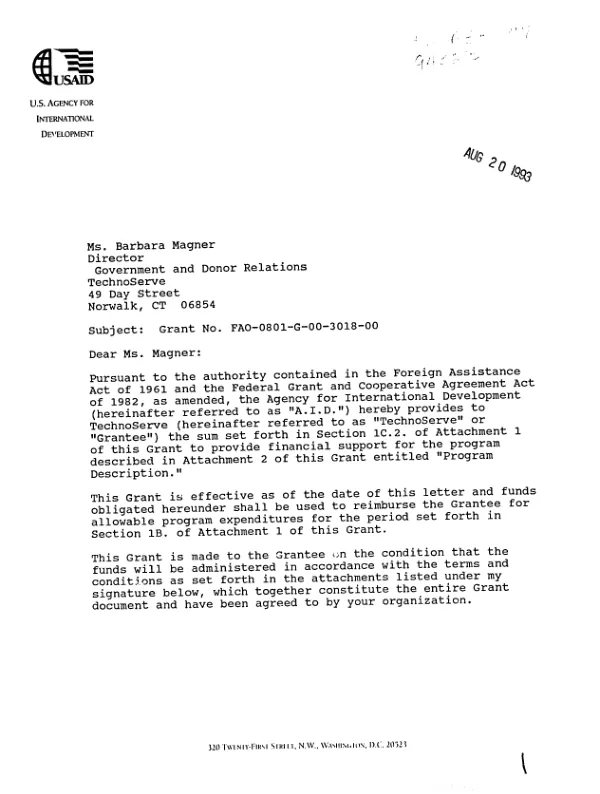 AID grant no. FAO-0801-G-3018-00 to TechnoServe in support of Fiscal Year 1993 institutional support grants