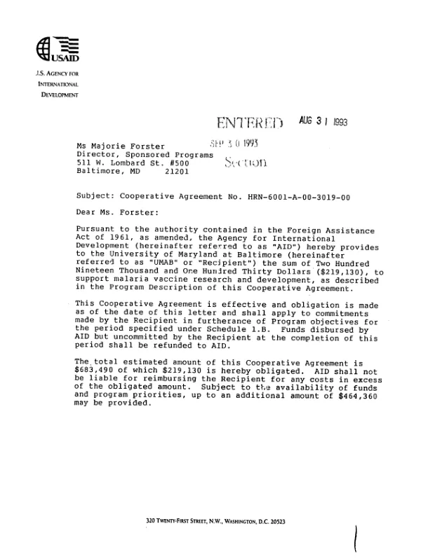 AID cooperative agreement no. HRN-6001-A-00-3019-00 with the University of Maryland at Baltimore (UMAB) to support malaria vaccine research and development