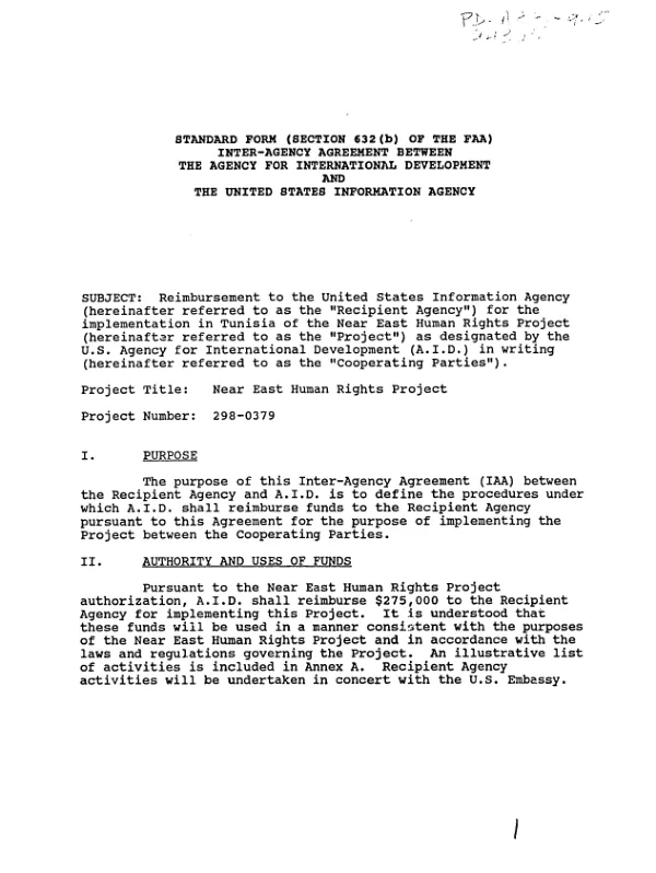 Inter-Agency agreement no. HNE-0379-A-00-3071-00 between the Agency for International Development and the United States Information Agency for the Near East human rights project : program to promote human rights in Tunisia