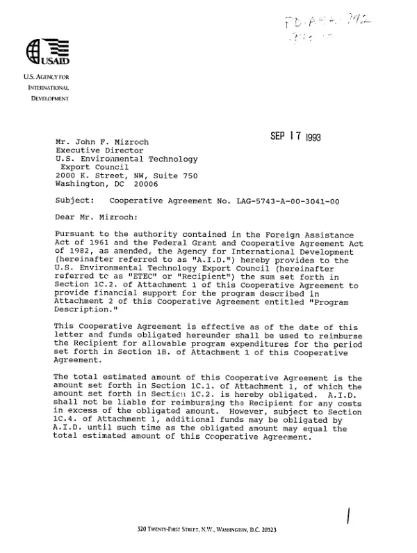 AID cooperative agreement no. LAG-5743-A-00-3041-00 with the US Environmental Technology Export Council (ETEC) for the `Environmental technology study tour program`